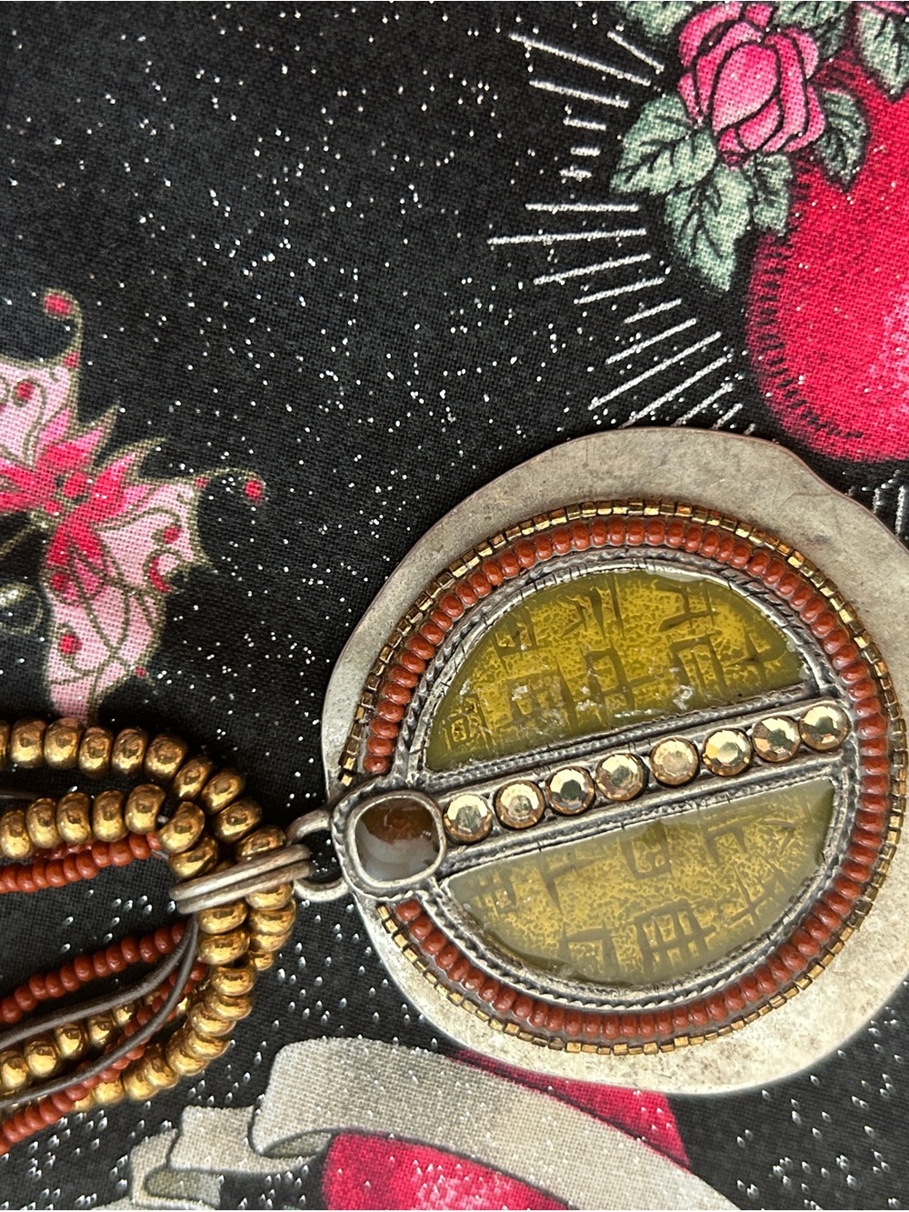 Chico's Amber Glass and Beaded Medallion Pendant